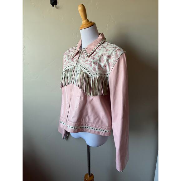 VTG Signature Gordon & James Pink Fringe Studded Rhinestone Wstrn Leather Jacket - Picture 6 of 16